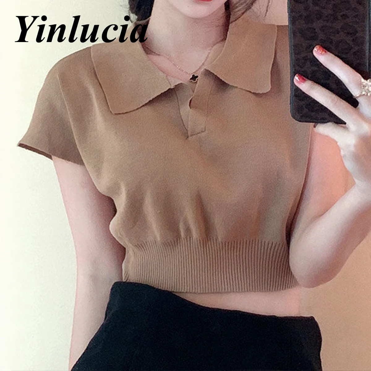 

Женские однотонные топы, блузки, футболка-поло из вискозы, простая короткая футболка с пупком, уличная мода, универсальная Винтажная летняя ...