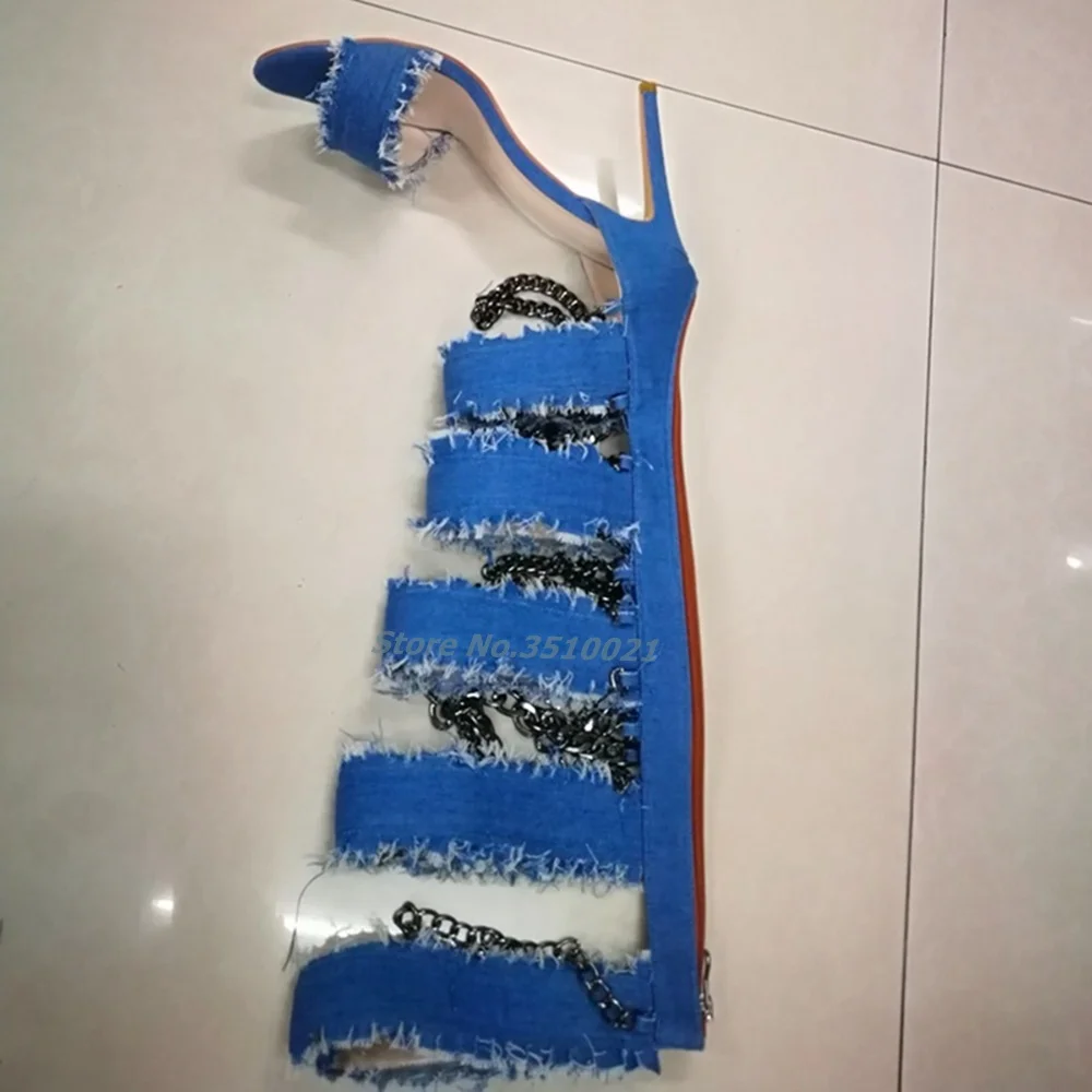 Denim Chained Strappy Knee High Boots Open Toe Stiletto High Heels Back Zipper Sexy Hollow Cutout Nightclub European Style New