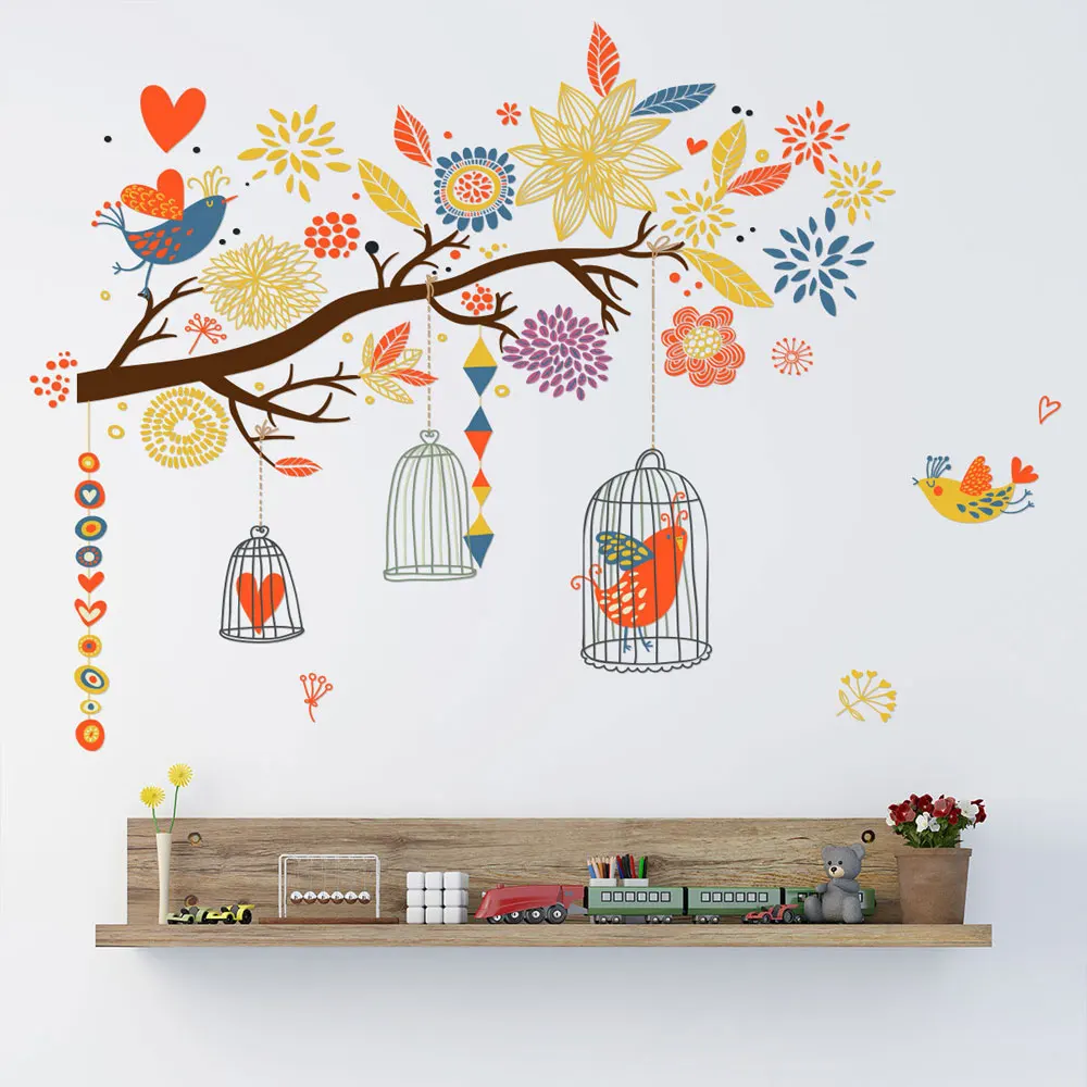 

Colorful branch bird cage Wall Sticker living room bedroom home decoration kids rooms art decals wallpaper Creative Stickers