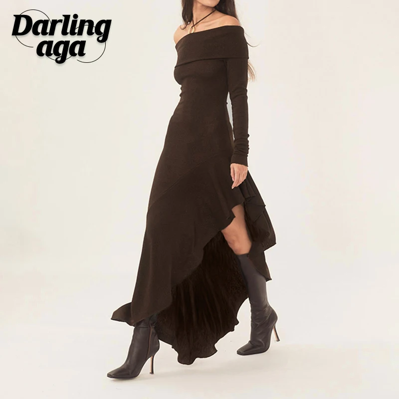 

Darlingaga Asymmetrical Elegant Brown Midi Dress Female Ruffles Slash Neck Bodycon Autumn Dress Fashion Party Solid Long Sleeve