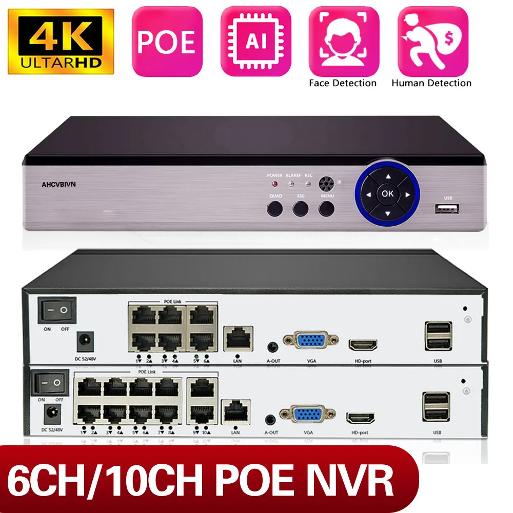 

6CH/10CH 1080P 5MP 4K POE H.265 Network Video Recorder 8CH NVR Security Camera System Surveillance Audio AI Face Detect Icsee