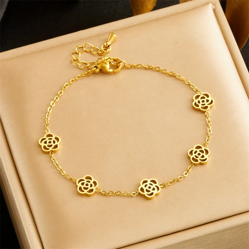 Женский браслет MEYRROYU из нержавеющей стали 316L в виде цветка камелии с отверстиями