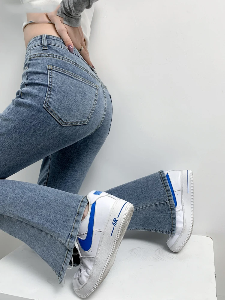 

Stylish Split Slim Fit Women Flare Jeans Pants High Waist Stretch Skinny Ladies Denim Trousers