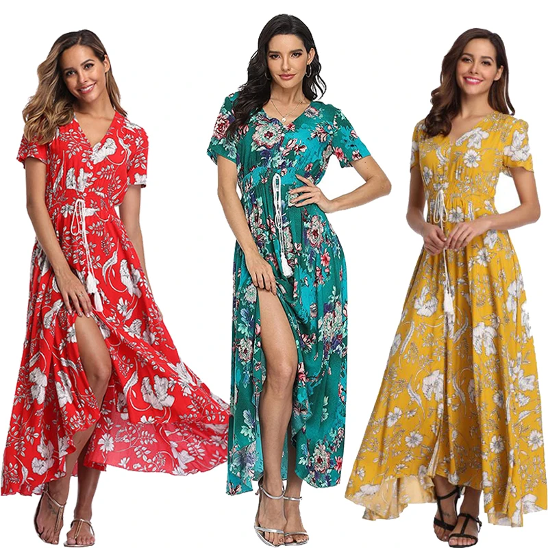 Witbuy Boho Floral Print Female Summer Maxi Dress Rayon V Neck With Button Draw String Waist Short Sleeve Sundress For Women