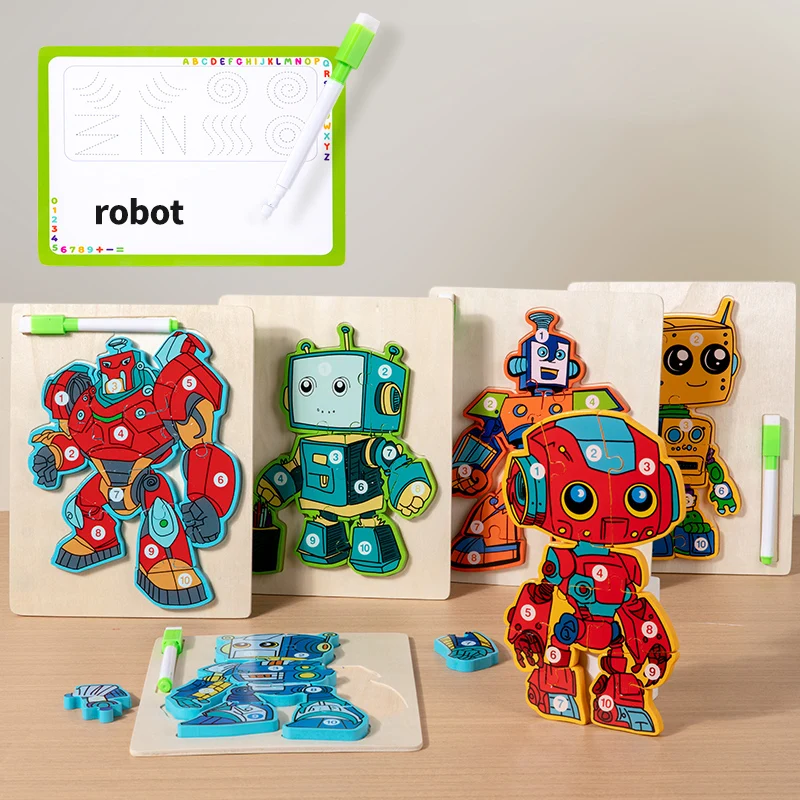 3D деревянный робот Монтессори блок-головоломка доска для рисования красочная