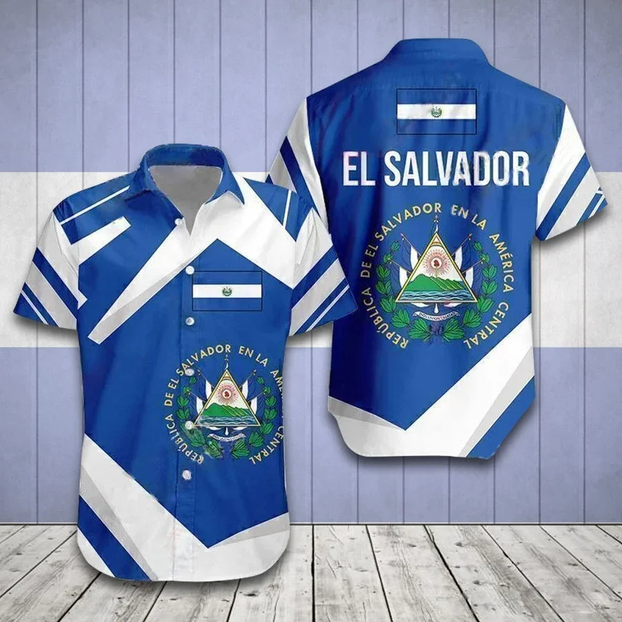 

2023 Men's Shirt El Salvador National Emblem Print Hawaiian Polo Short Sleeve Shirt Unisex Clothing Men's Oversized T-shirt