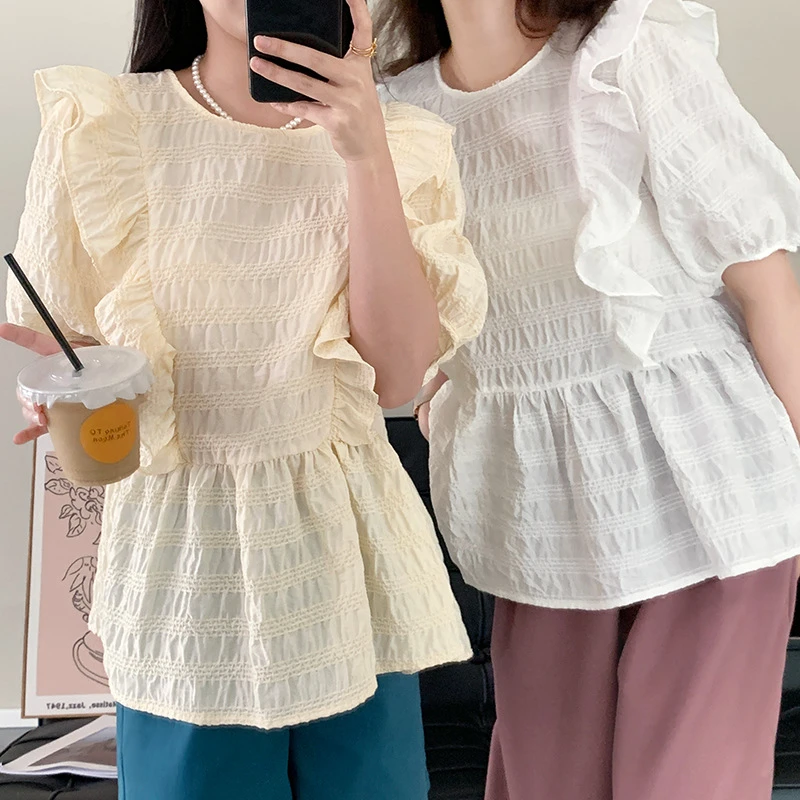 

Summer Pullover Shirt Cute Elegant Sweet Ruffles Solid Color O-neck Casual Shirts Women Short Sleeve Blouses Girls Tops 3 Colors