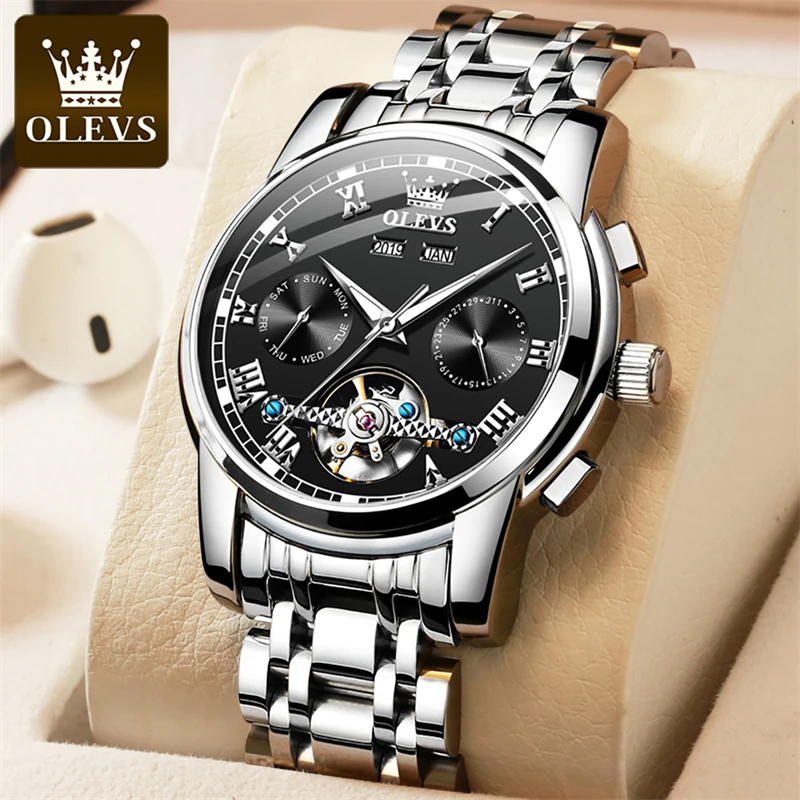 OLEVS New Women Couple Watch Tourbillon MechanicalWatches Men Waterproof Stainless Steel Strap Quality Gifts Lovers Wristwatch