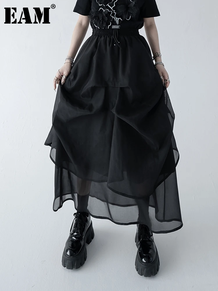 

[EAM] High Elastic Waist Black Irregular Pleated Casual Long Half-body Skirt Women Fashion Tide New Spring Autumn 2022 1DE8148