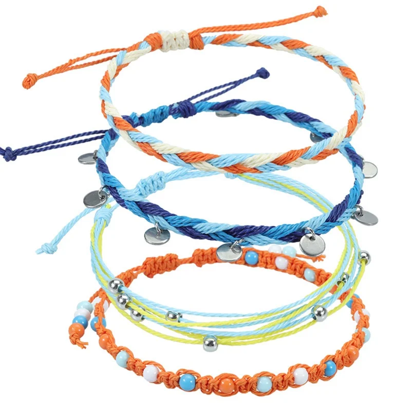 

4PCs/Set Handmade Waterproof Wax Thread Woven Anklet Bohemian Stainless Steel Round Charms Bohemian Women Bracelet Beach Jewelry