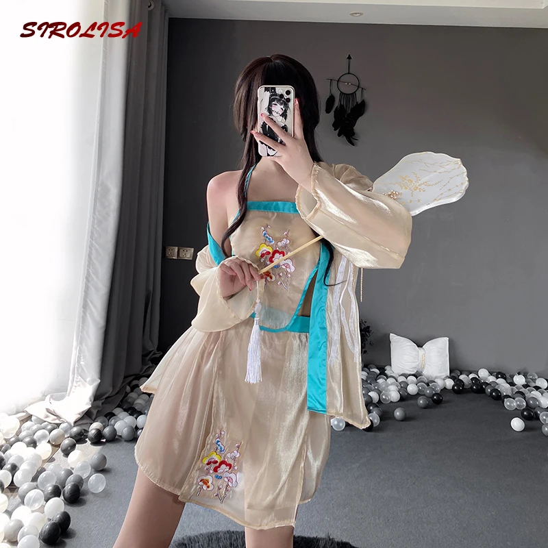 

SIROLISA Sexy Mesh Lace Chinese Ancient Women Outfit Erotic Embroidery Underwear Fancy Cosplay Dress Floral Nightgowns New 2022