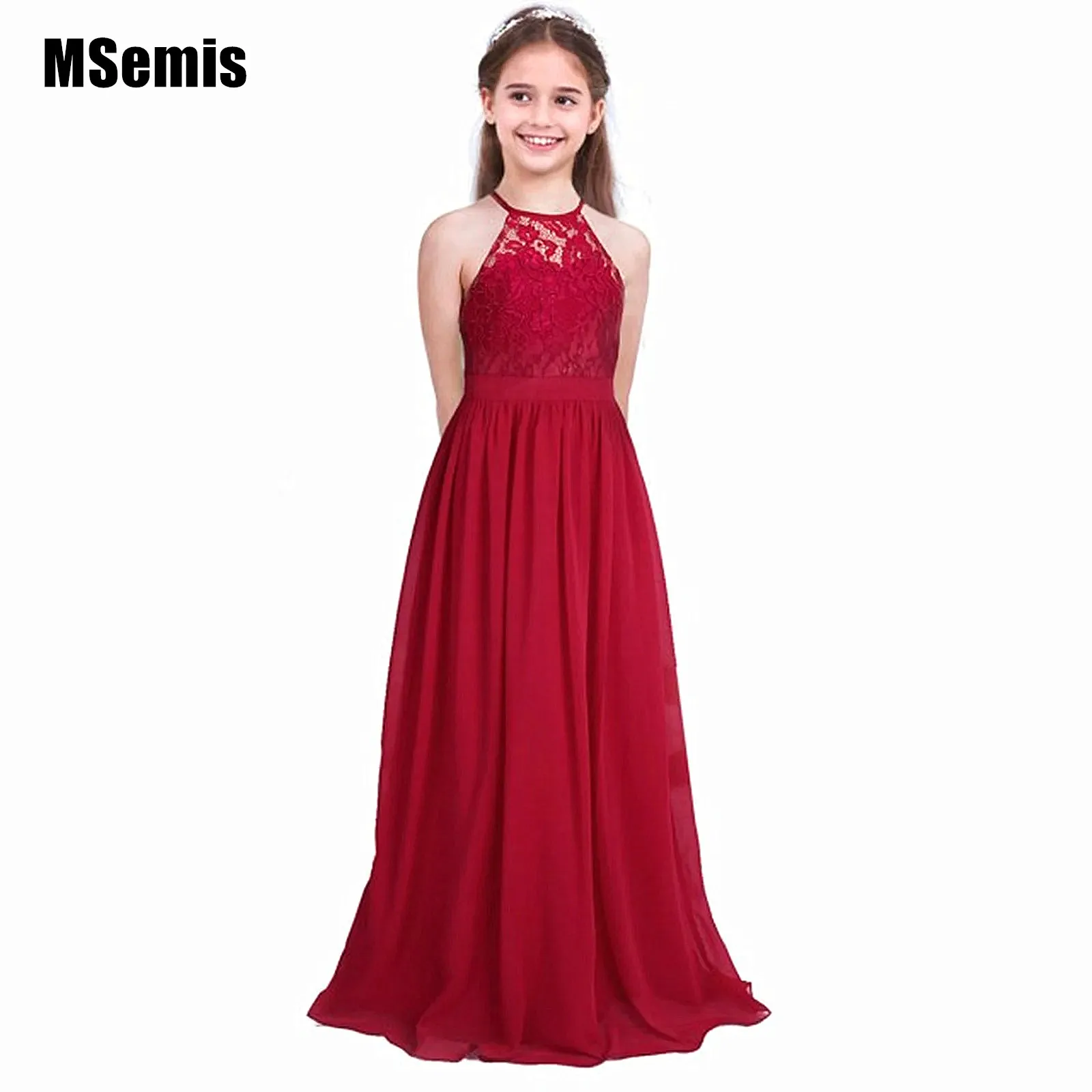

Girls Lace Halter Flower Dress Chiffon Sleeveless Princess Pageant Wedding Bridesmaid Birthday Party Dress
