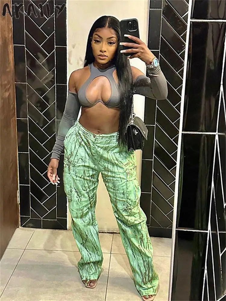 

Akaily Green Stripe Print Loose Pants Streetwear Y2k Outfits For Women 2023 Autumn High Waist Pants Casual Fashion Cargo Pants