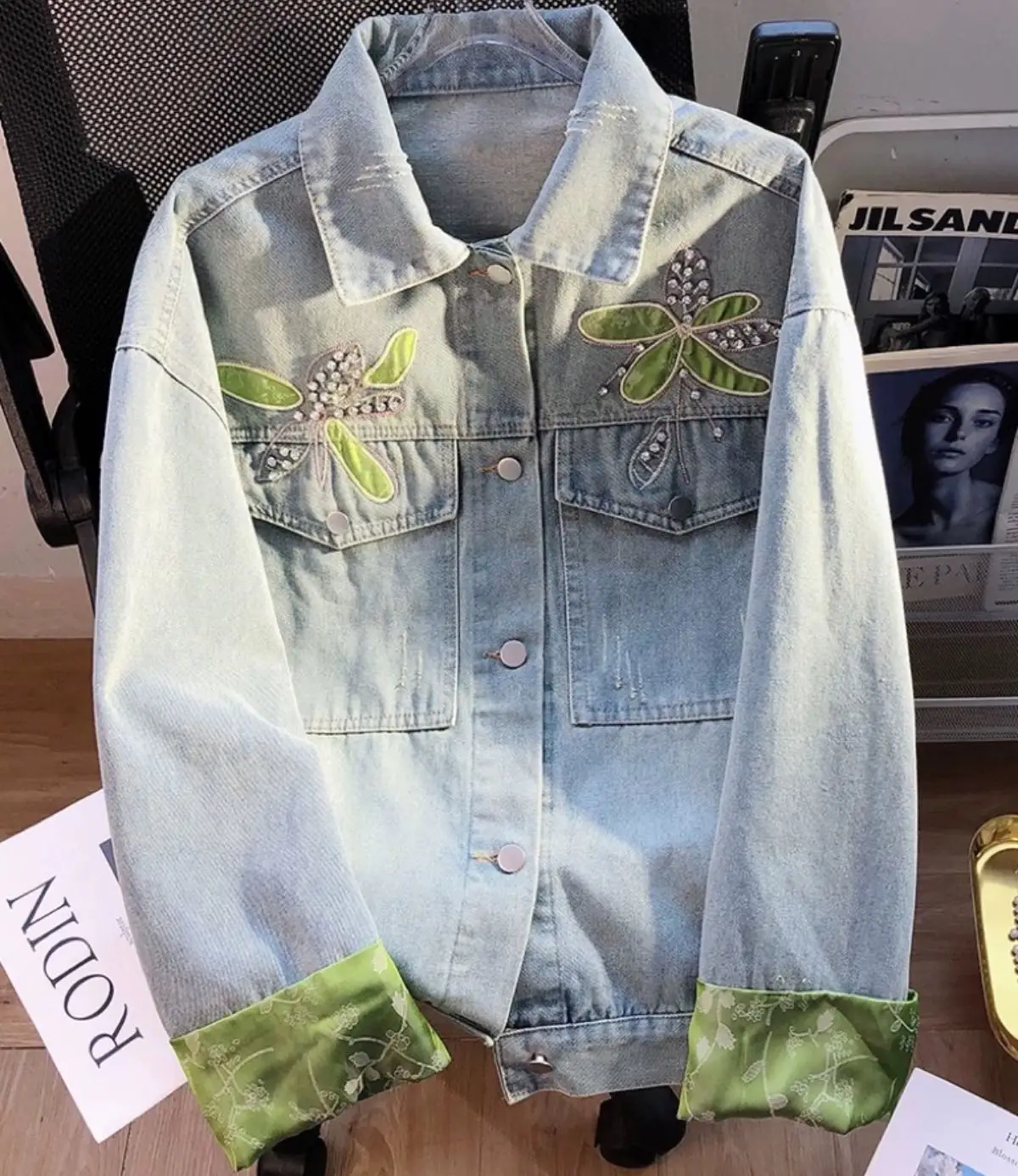 

Женская джинсовая куртка на молнии, Повседневная Свободная джинсовая куртка составного кроя со стразами в винтажном стиле, Y2K, Осень-зима 2023