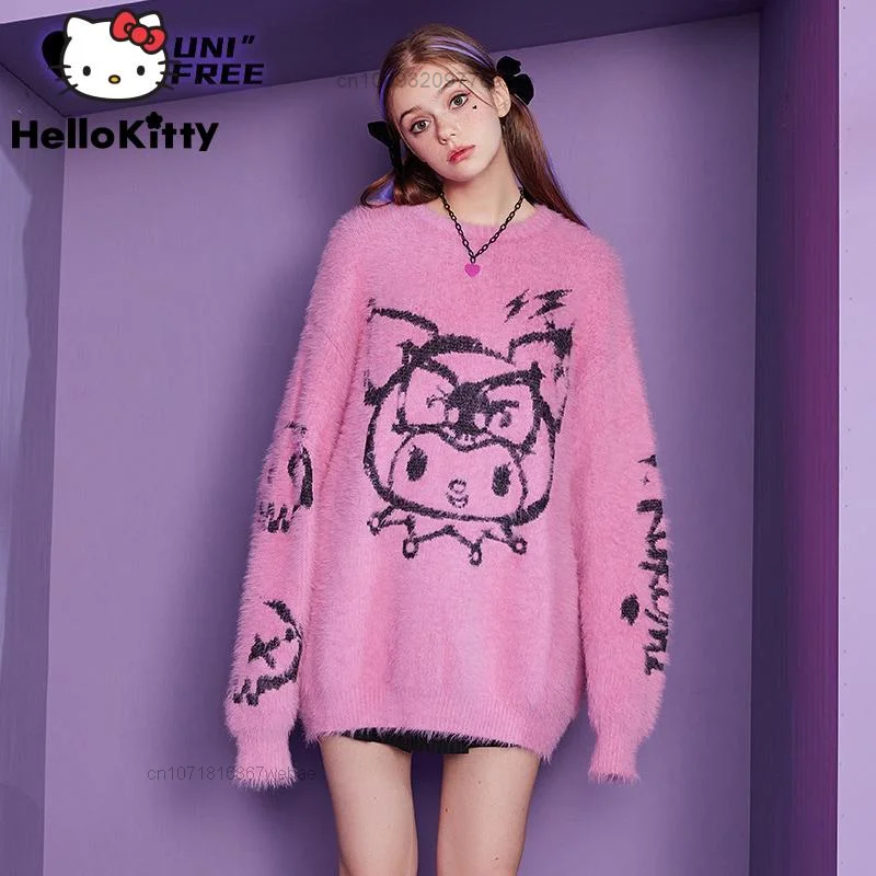 

Женский свободный пуловер Sanrio Kuromi, милый модный Повседневный пуловер оверсайз в стиле Kawaii Y2k, одежда для женщин