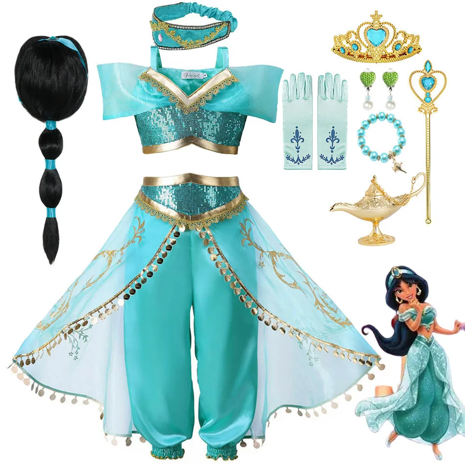 2023 Girls Jasmine Dress Aladdin Princess Magic Lamp Carnival Clothing Vestidos Halloween Party Cosplay Costume