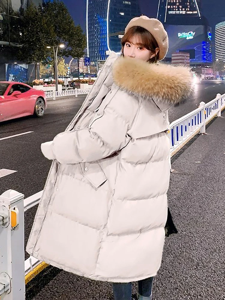 Women's Winter Long Down Cotton Jacket Korean Stye Large Fur Collar Hooded Thick Parkas Warm Loose Clothing Women Coat 2022