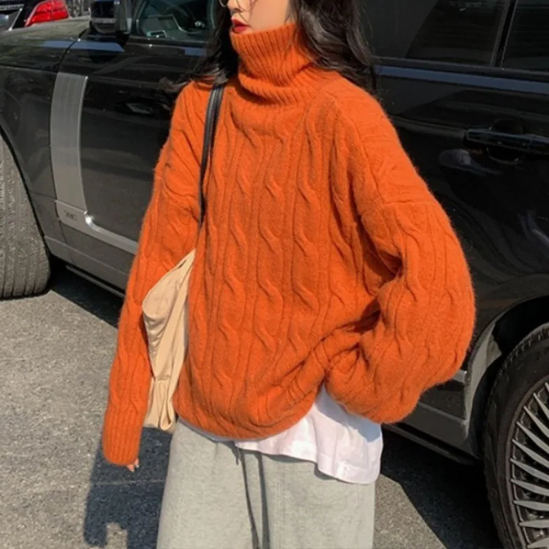 

Knitted Sweater Women 2023 Autumn Winter Korean Turtleneck Long Sleeve Pullover Female Orange Knitwear