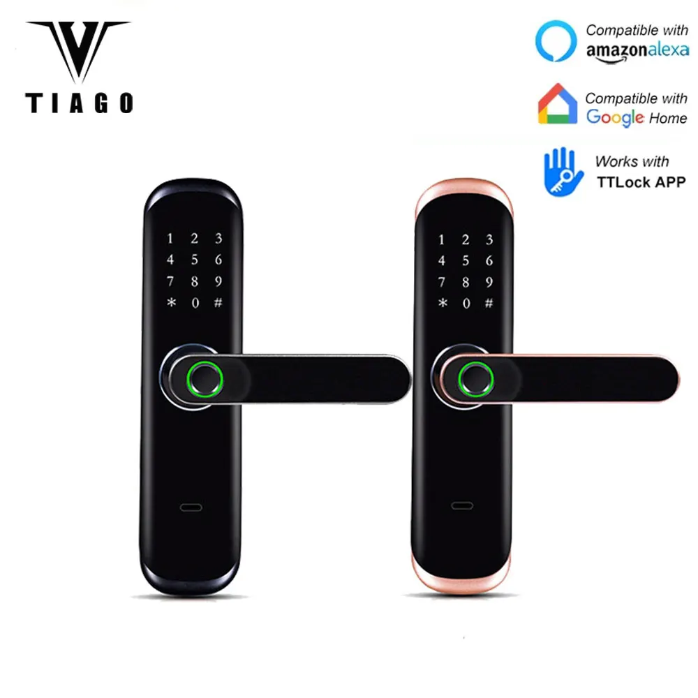 

TIAGO T6 TTlock Bluetooth Fingerprint Door Lock Card Password Keyless Add Gateway Work With Alexa/Google Unlock Wifi Black