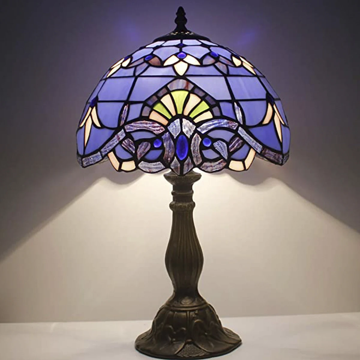 

WERFACTORY Tiffany Lamp Stained Glass Table Lamp 12X12X18 Inches Blue Purple Baroque Style Lavender Bedside Reading Desk Light