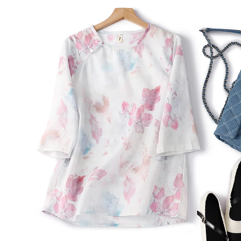 

Женская рубашка в китайском стиле, Новинка лета 2023, повседневные блузки с цветочным принтом, Свободный Топ из хлопка и льна с О-образным выре...