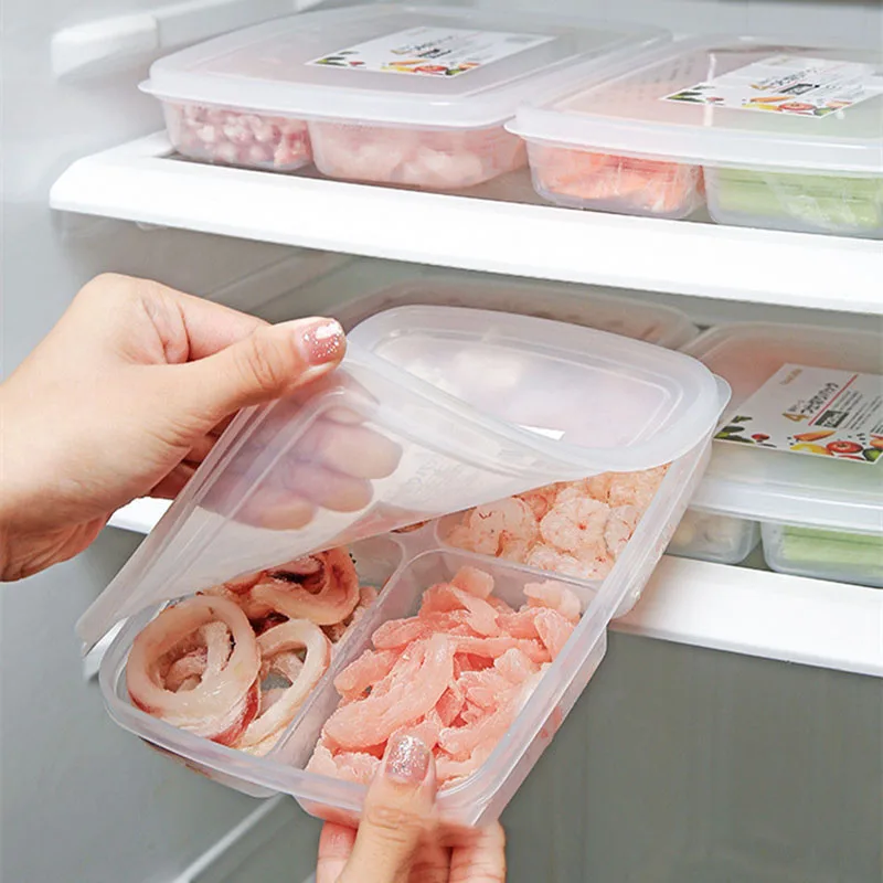 

Transparent Storage Box Four-grid with Lid Kitchen Storage Artifact Refrigerator Food Preservation Box Compartment Sealed Box