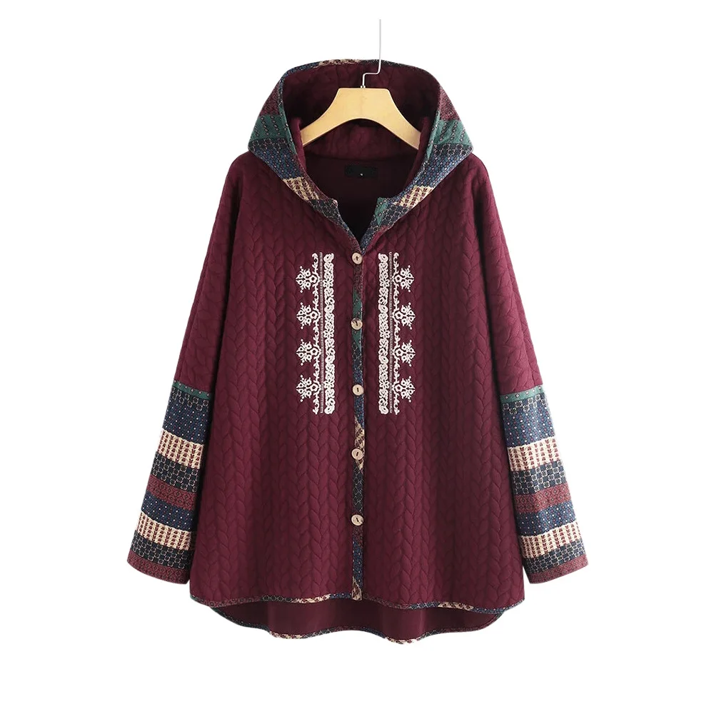 Autumn and Winter New Hooded Cotton Coat Single-breasted Ethnic Print Long-sleeved Mid-length Coat