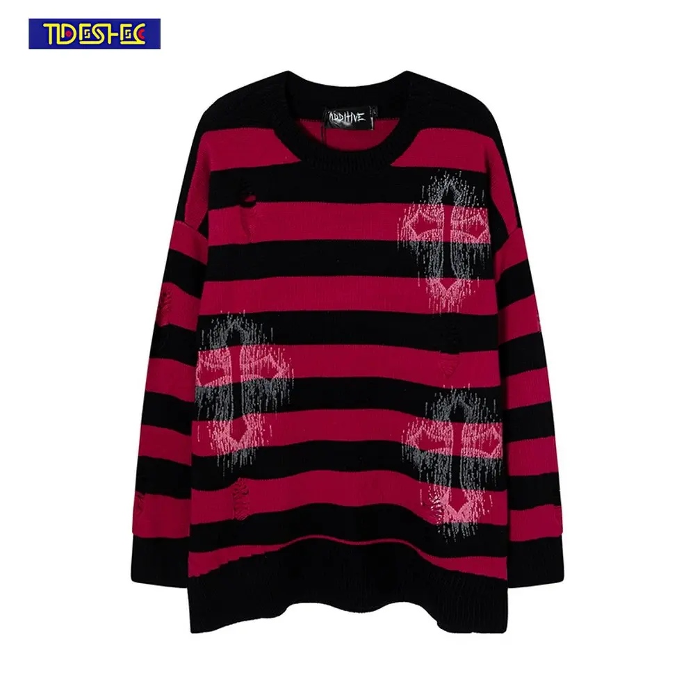 

2022 HIP HOP Knitted Sweater Holes Vintage Contrast Stripe Cross Sweater Harajuku Warm Street Pullovers Polyester for Men Women