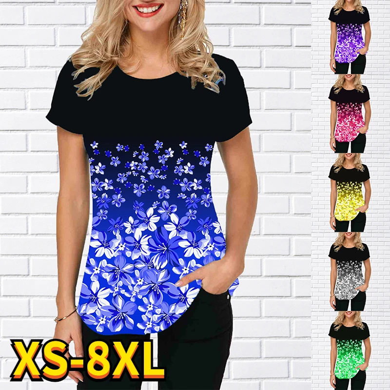 

Women's Fashion Flower Painting T Shirt Summer Female Floral Print Round Neck Basic Tops Casual Plus Szie 3D Print Shirt XS-8XL