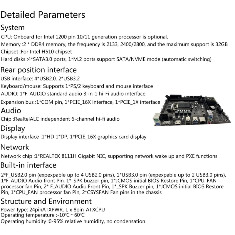 

H510 Motherboard Support LGA1200 Dual DDR4 Intel10 11 i3/i5/i7 PCIE 16X M2 NVME