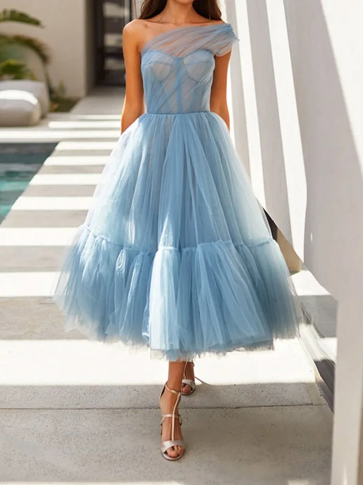 Women Sweetheart Birthday Party Dress Sexy Hollow Tulle Lace One Shoulder Wedding Dress Fashion Pleated A-Line Prom Dress