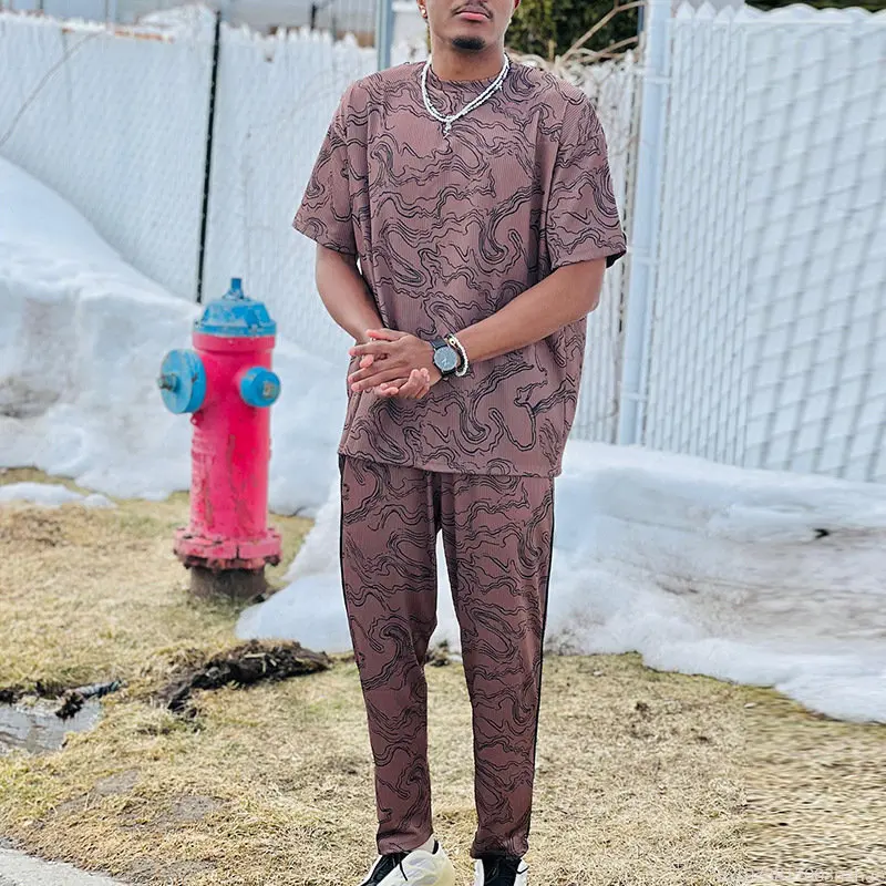 New Men's Street Printed Short Sleeved T-shirt Pants Trend Summer Casual Suit Men's Two-piece Suit Men's Clothing