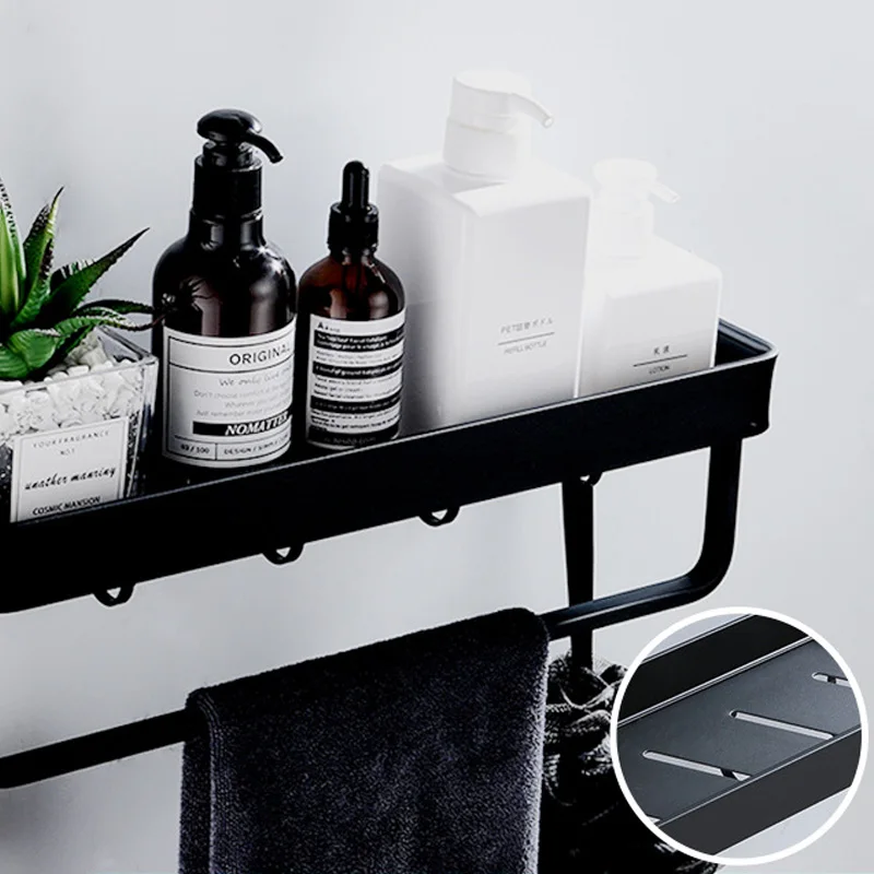 

Black White Bathroom Shelf 30/40/50/60 cm Kitchen Wall Shelf Shower Holder Storage Rack Towel Bar Robe Hooks Bathroom Accessorie