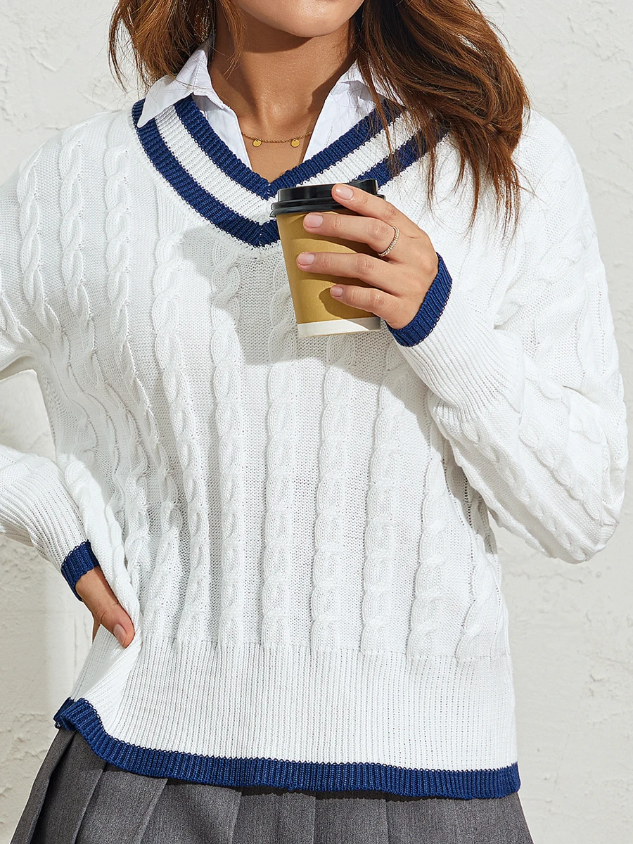 

Women Knitted Jumper V Neck Cable Knit Sweater Long Sleeve Pullover Top Striped Preppy Style Ladies Vintage Y2K Outfit