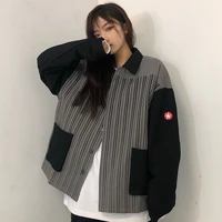 fashion single breasted japan style outwear mens and womens same popular harajuku work coat stripe stitching gray black jacket