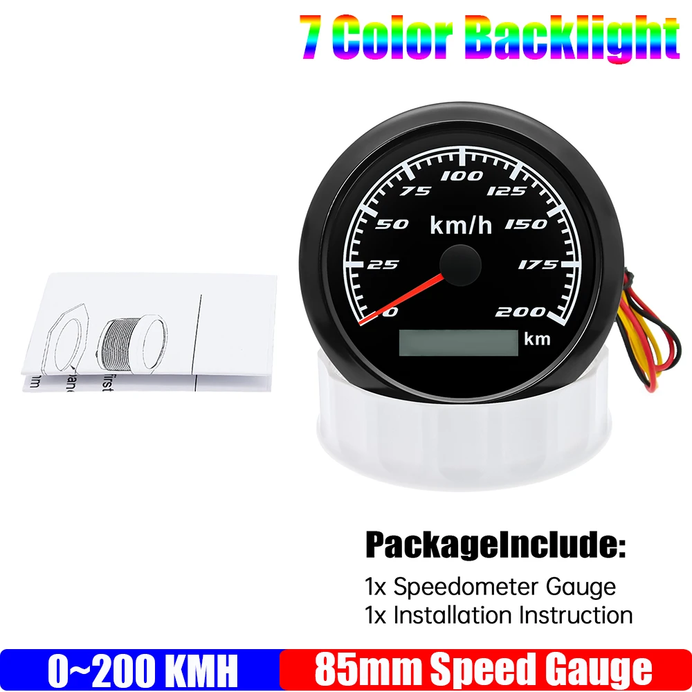 

85 мм аналоговый импульсный спидометр с 7-цветным светодиодным водонепроницаемым измерителем скорости Импульсный сигнал для автомобиля, лодки, морской пехоты 12 В 24 В по индивидуальному заказу