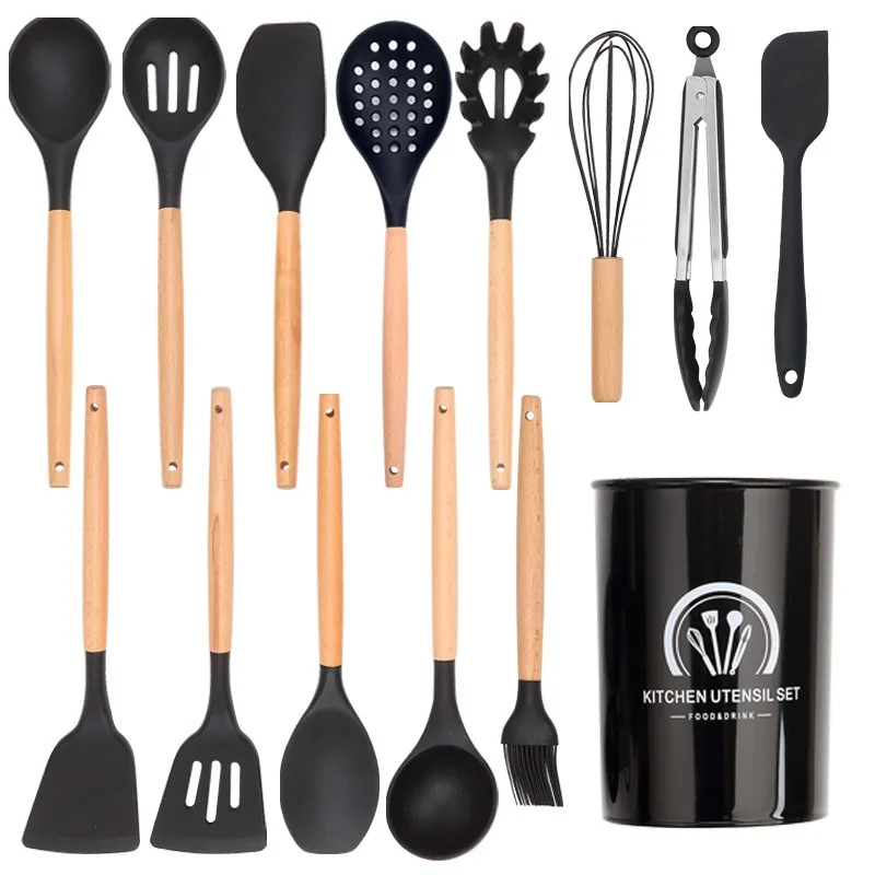 

Silicone Kitchenware Cooking Utensils Set Non-stick Cookware Spatula Shovel Egg Beaters Wooden Handle Kitchen Cooking Tool Set