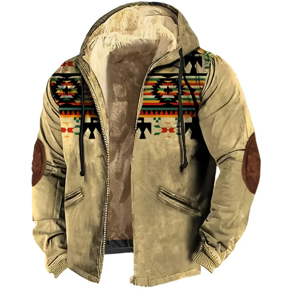 

2023 Winter Hoodies Tribal Graphic Prints Classic Casual Men's Hooded Zip-up Fleece Jacket Outerwear Holiday Vacation Going Out