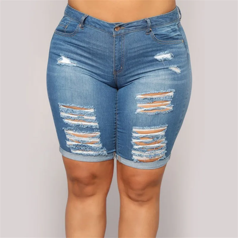 2021 L-5XL Plus Size Indie Women's Summer Blue Denim Shorts Y2k Skinny Ripped Solid Jeans Shorts New Arrival Women Clothing
