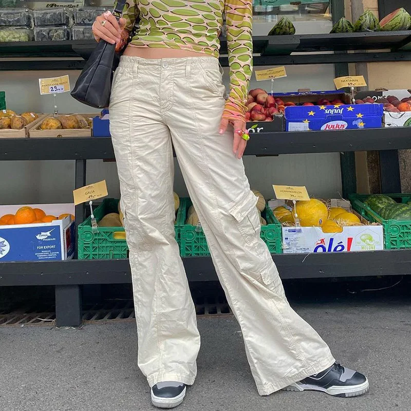 

Casual Baggy Pants Women Pockets Loose Low Waist Retro Overalls Hip Hop Streetwear Straight Wide Leg Y2K Cargo Pants Trousers