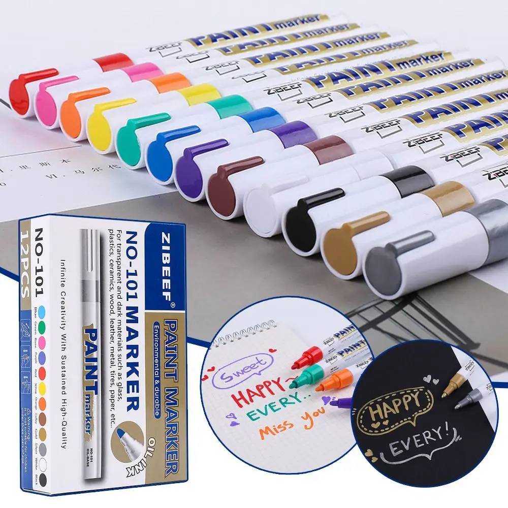 12Pcs/Box Permanent Marker Pen 12-Color Paint Pen Writing Pen