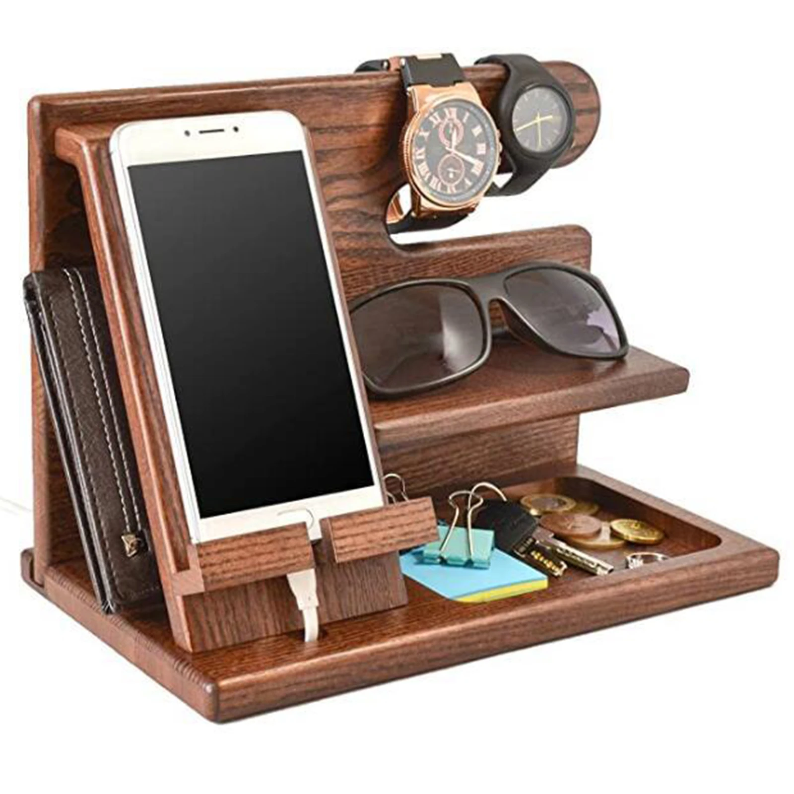 

Wooden Keychain Wallet Stand Watch Men Gift Birthday Bedside Table Wallet Tablet Storage Box Organiser For Dad ​Grandad Gifts