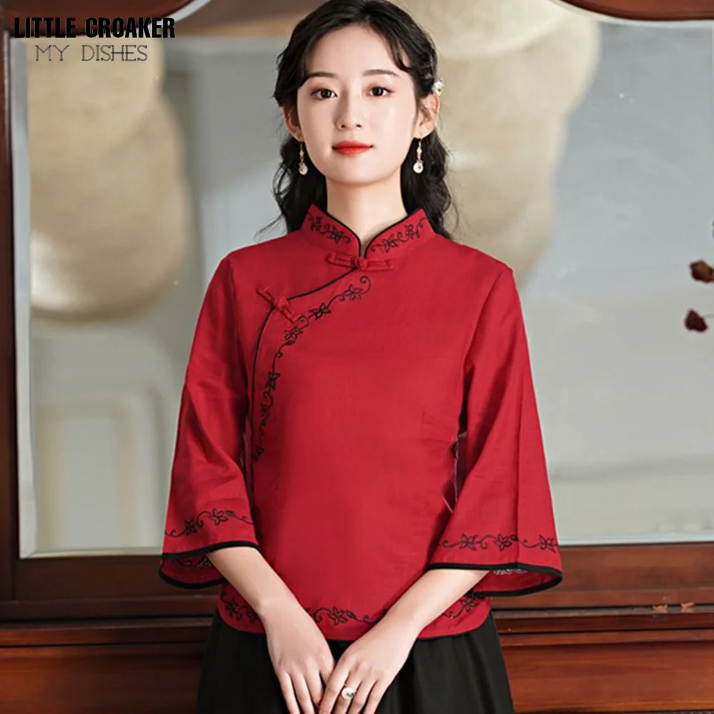 

Tang Dynasty Embroidered T-shirt 2023 Ethnic Style Women's New Mother's Wear Button Slim Fit 7/4 Sleeve Top Women's Spring
