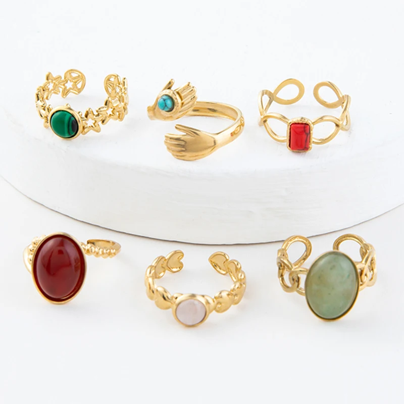 

Boho Rings Stainless Steel Rings for Women Gold Color Adjustable Natural Stone Ring Aestethic Bohemian Trendy Woman Jewelry 2022