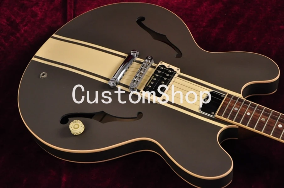 

Custom Shop ES 333 Tom Delonge Signature Semi Hollow Body Brown Cream Stripe Jazz Electric Guitar Double F Holes, Dot Inlay,