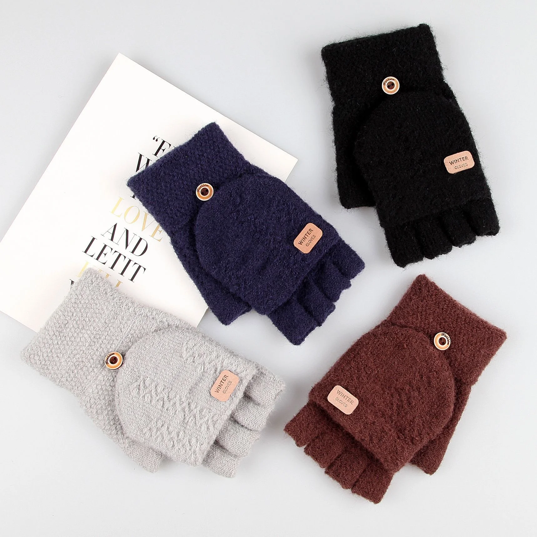 

Зимние теплые перчатки на полпальца для мужчин, новые однотонные вязаные шерстяные перчатки-Раскладушки с ярлыком