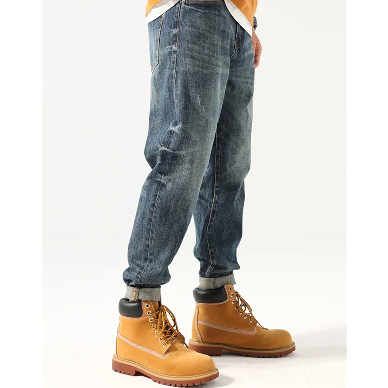 Streetwear Men 2022 New Pattern Vintage Recreational Blue Pants Straight Cylinder Comfortable Loose Hole Jeans Autumn Female