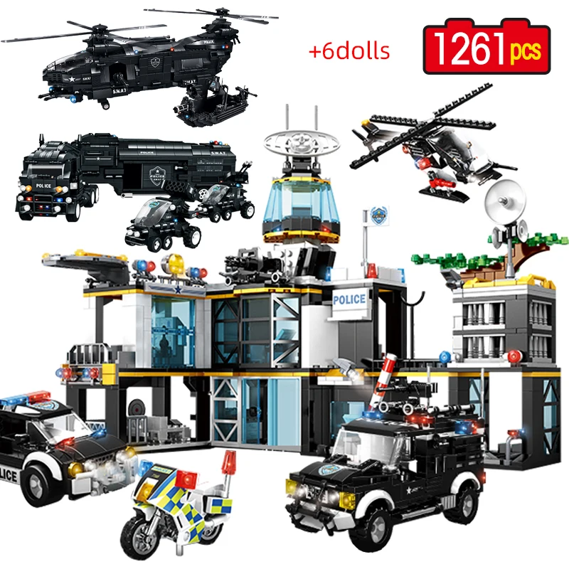 

1261pcs City Police Command Trucks Building Blocks Policeman Robot Car Helicopter Model Figures Bricks Toys For Children Gifts