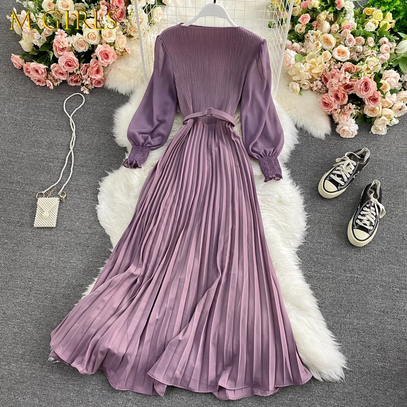 

M GIRLS Women Elegant Pleated Long Dress New Spring Autumn Puff Sleeve Office Dresses Ladies Vintage Party Maxi Dress Mujer