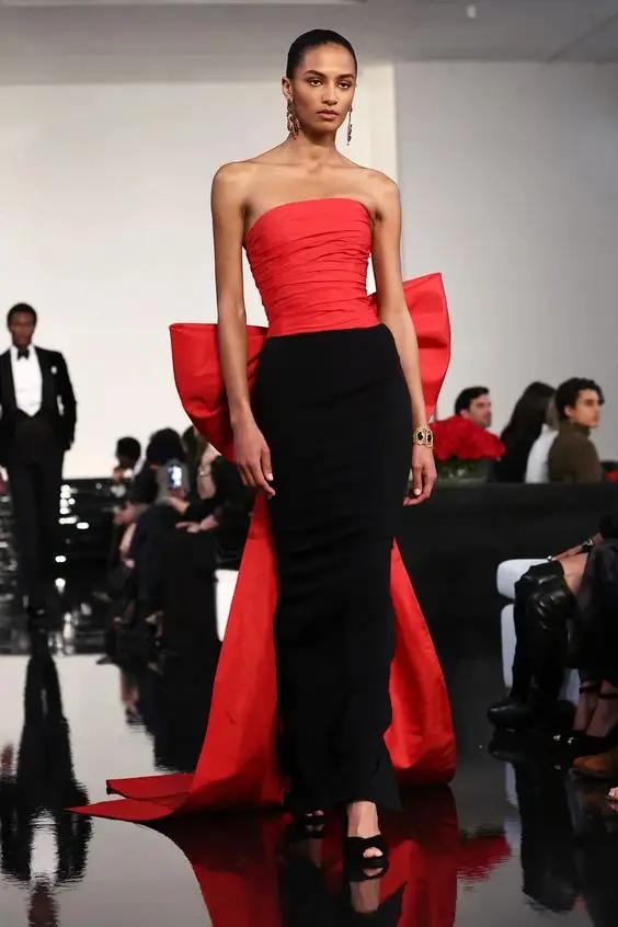 Кутюр черно-красные длинные вечерние платья-футляры с большой бантом сзади без